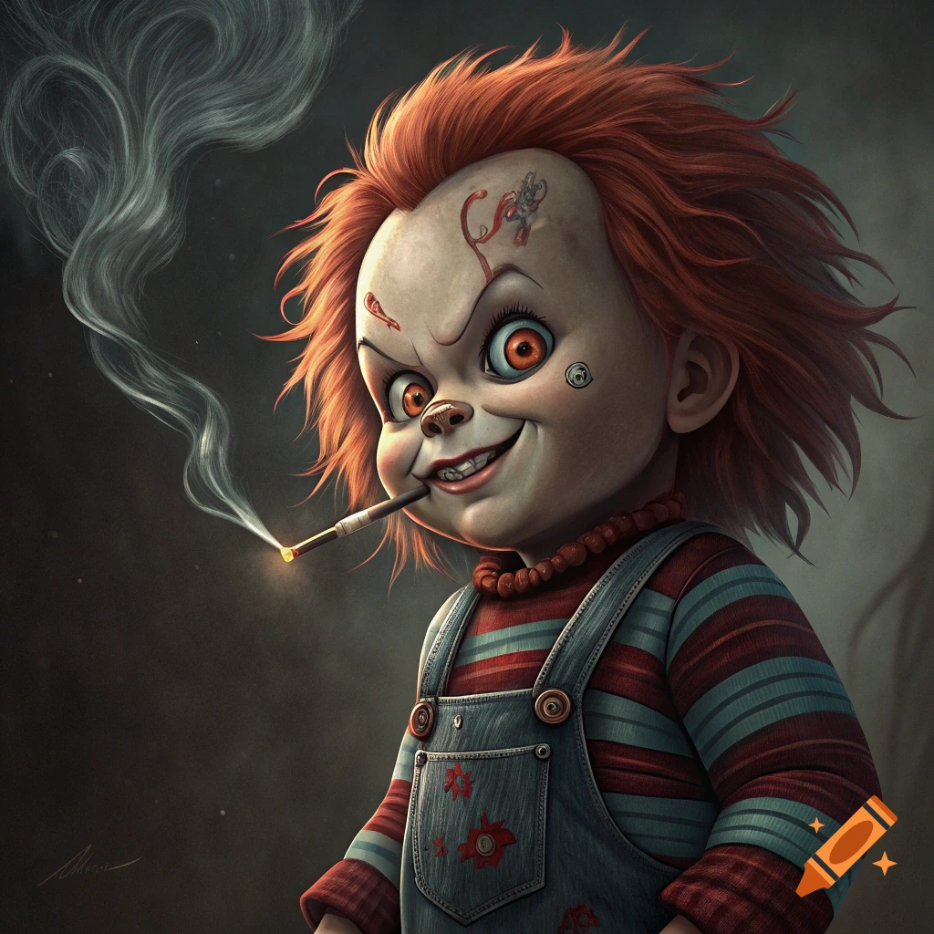 Stylized portrait of the Chucky doll smoking a cigarette.