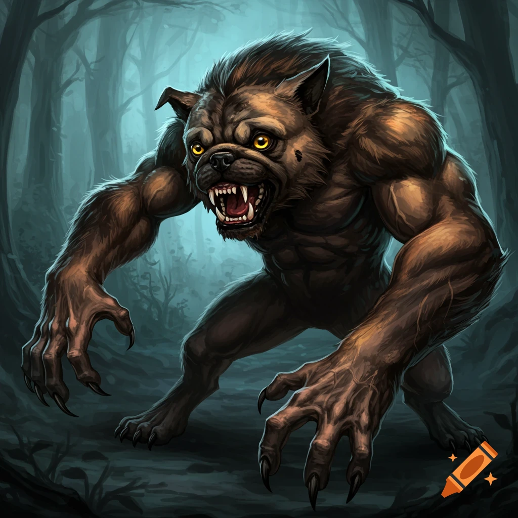 A muscular werewolf creature with yellow eyes in a dark forest.