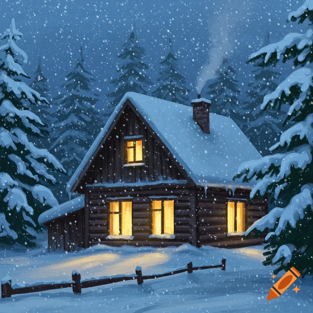 A cozy cabin nestled in a snowy winter forest.