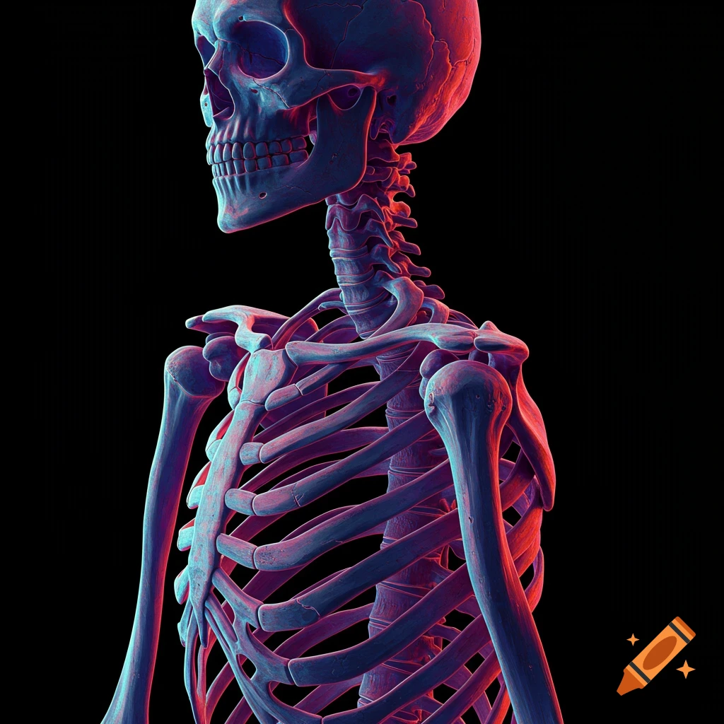 Close-up of a human skeleton's upper body in dramatic blue and red light.