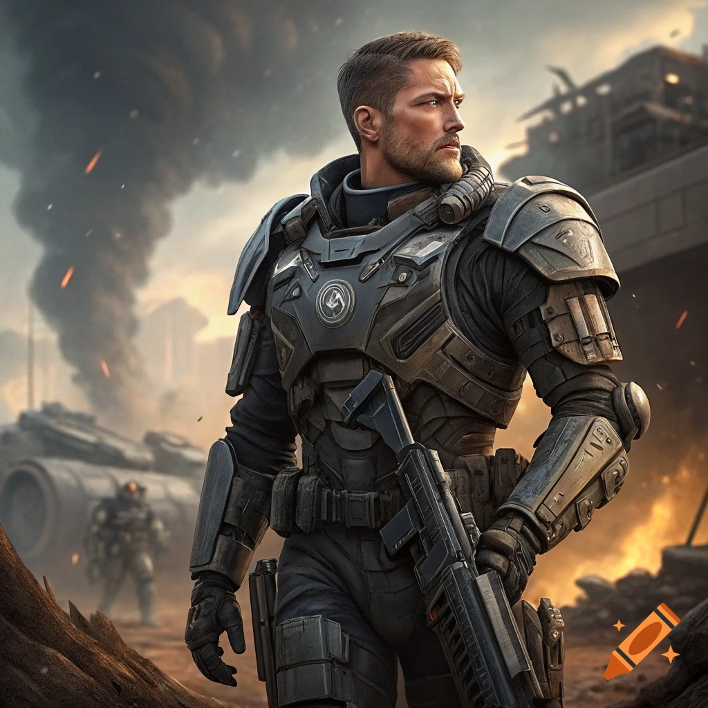 A male soldier in dark futuristic armor stands in a war-torn landscape with smoke and fire, holding a rifle. Photorealistic style.