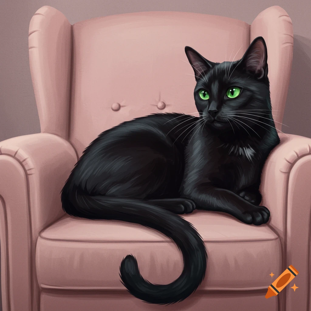 A black cat with green eyes sits on a pink armchair.