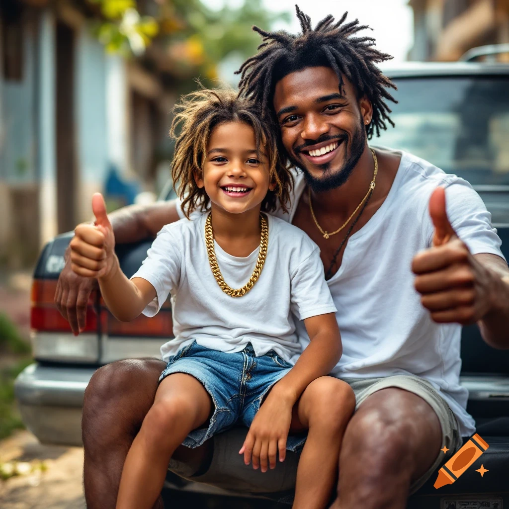 A father and son sit on a car, smiling and giving thumbs up in a street.