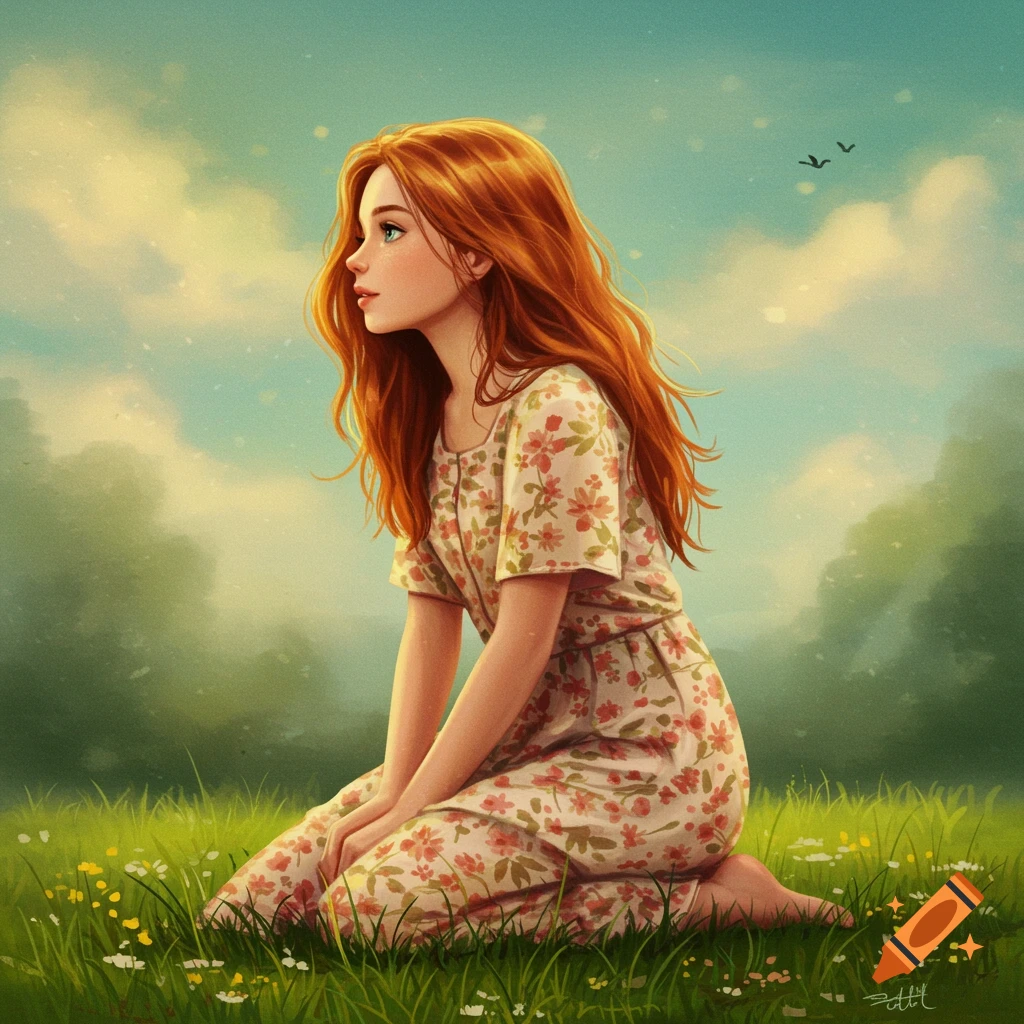 A red-haired girl kneels in a flower-filled meadow.