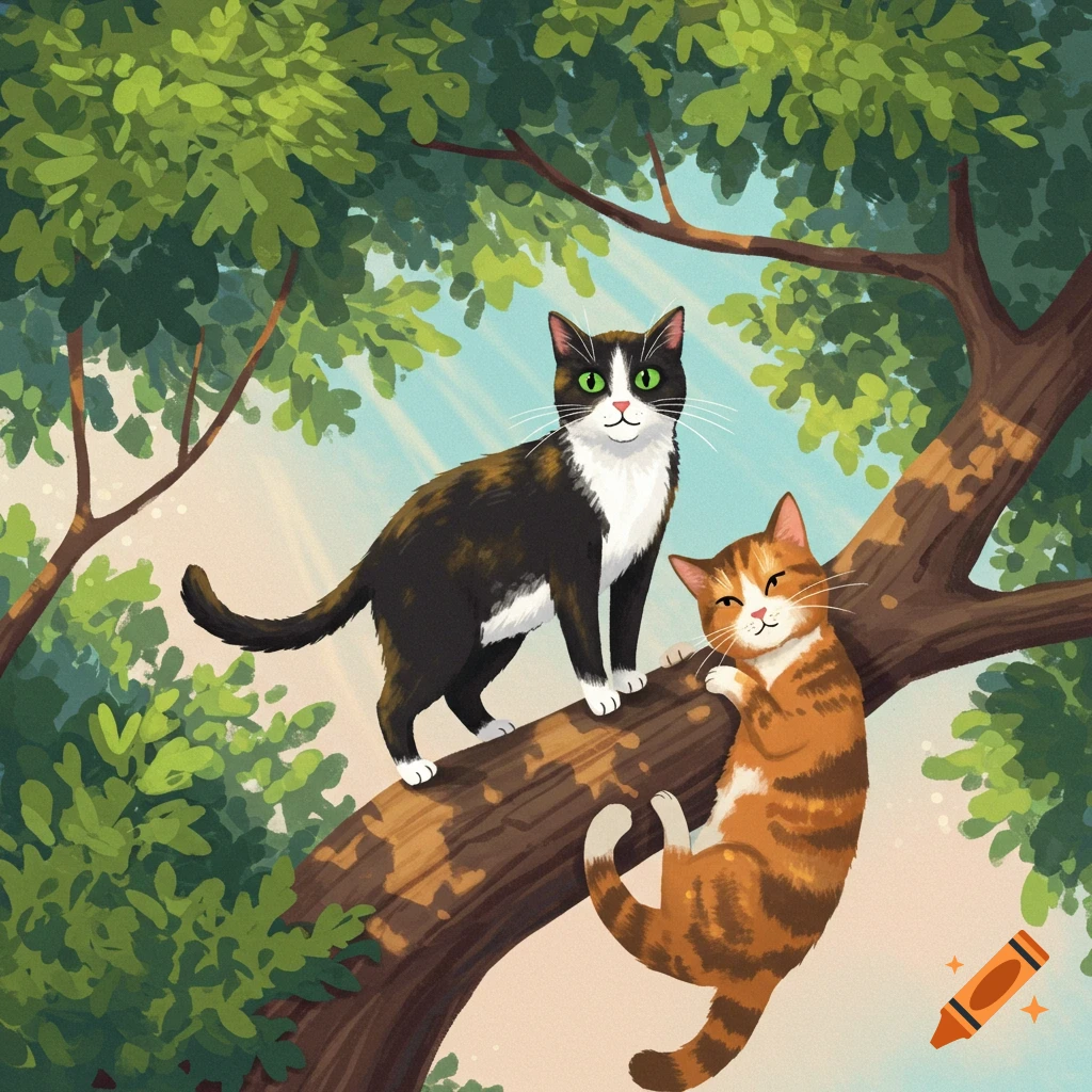 A tuxedo cat and an orange tabby cat sitting on a tree branch