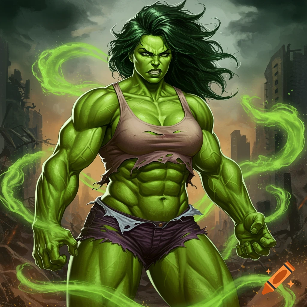 A muscular green female superhero in torn clothes stands in a ruined city.
