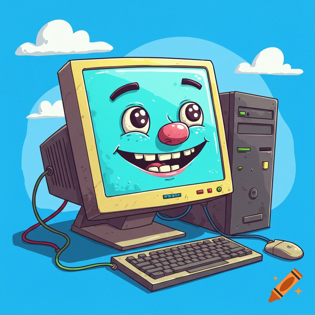 A cartoon illustration of a computer with a funny face on its screen, complete with tower, keyboard, and mouse on a blue background.