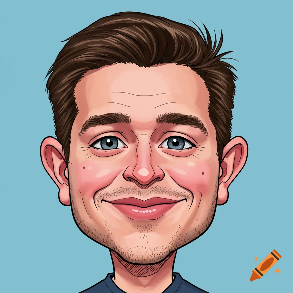 A smiling man's face in a caricature style illustration.