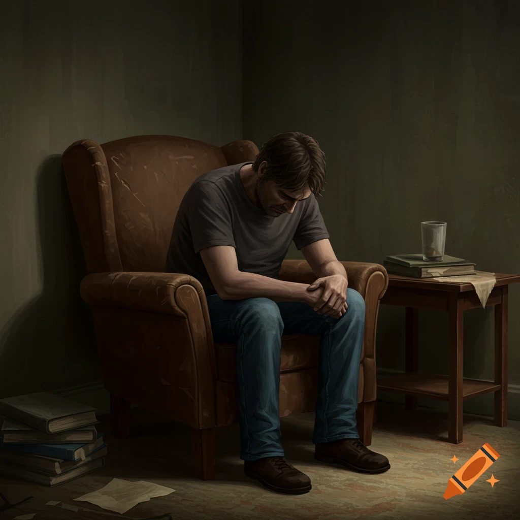 A sad man sits slumped in a brown armchair in a dimly lit room with books.