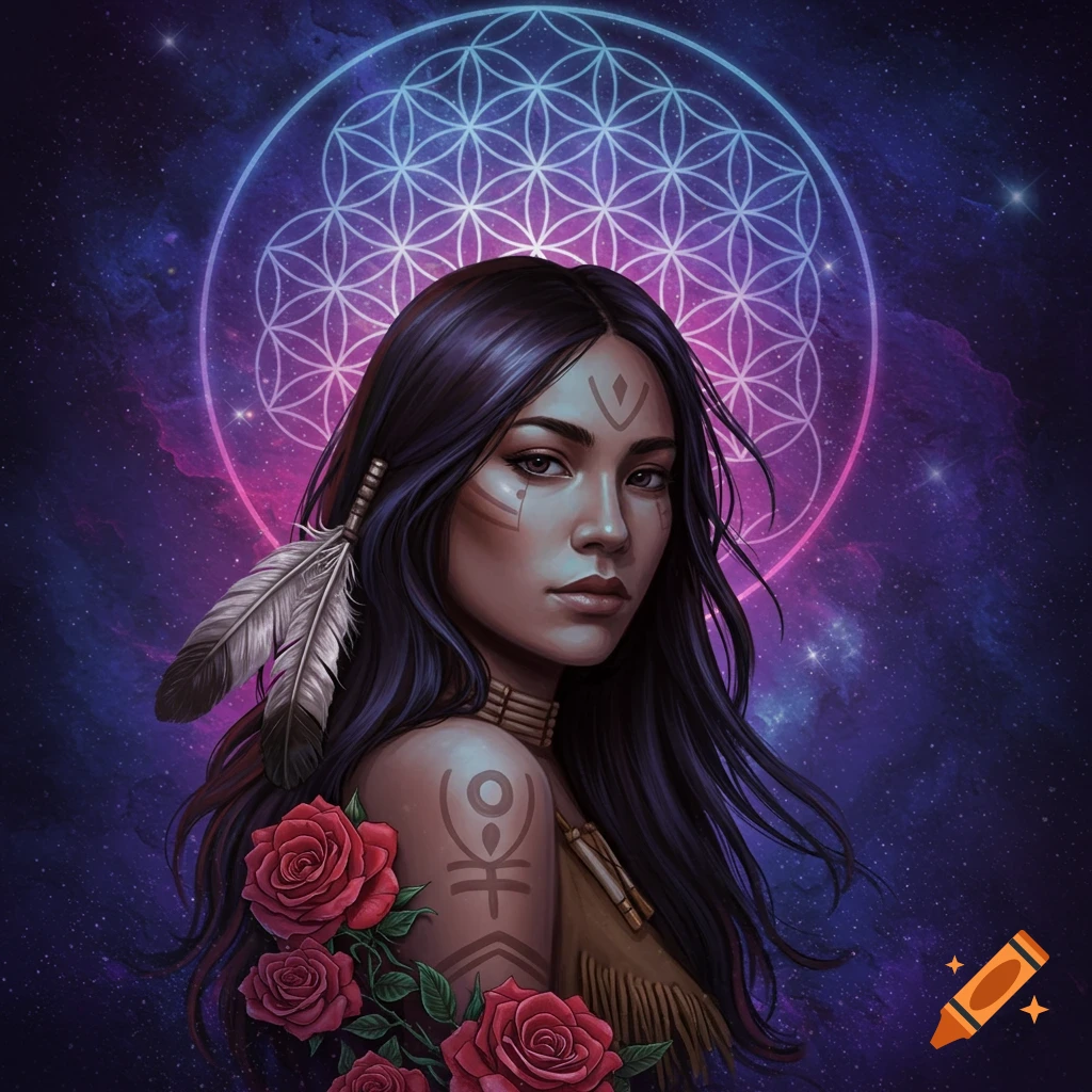 Woman with tribal markings, feather, roses, and spiritual symbol in space