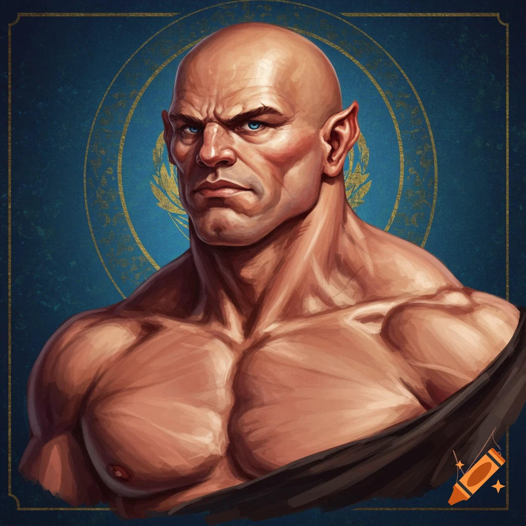 A muscular, bald man with pointy ears and blue eyes, looking intense, against a blue and gold background.