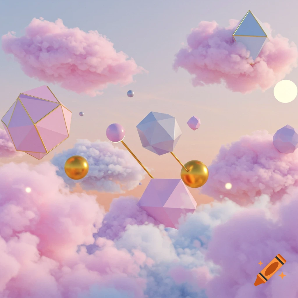 Surreal abstract landscape with pastel clouds and floating geometric shapes.