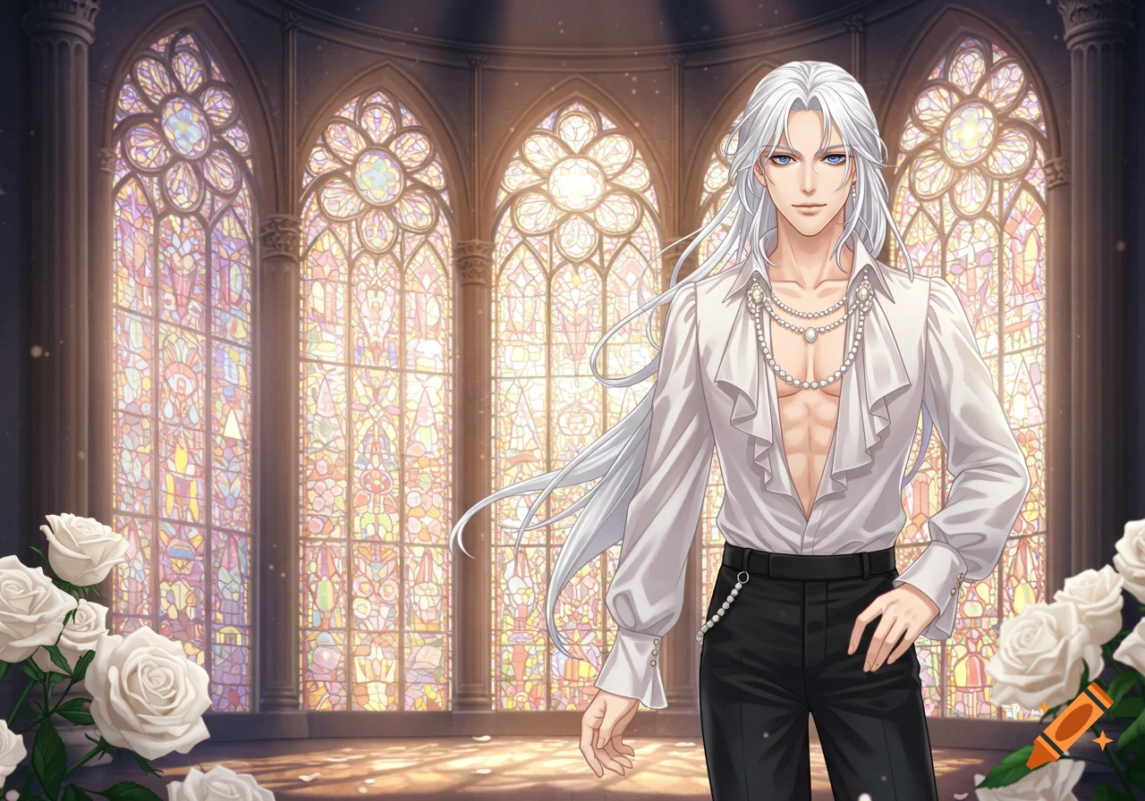 Anime man with white hair in open shirt stands in gothic room with stained glass and white roses.