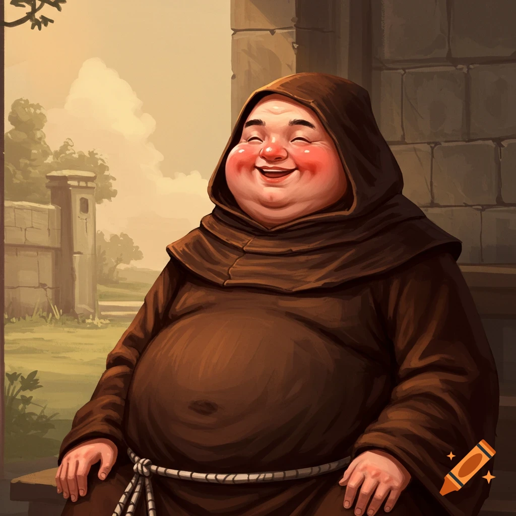 A smiling fat monk in a brown robe sits outdoors.