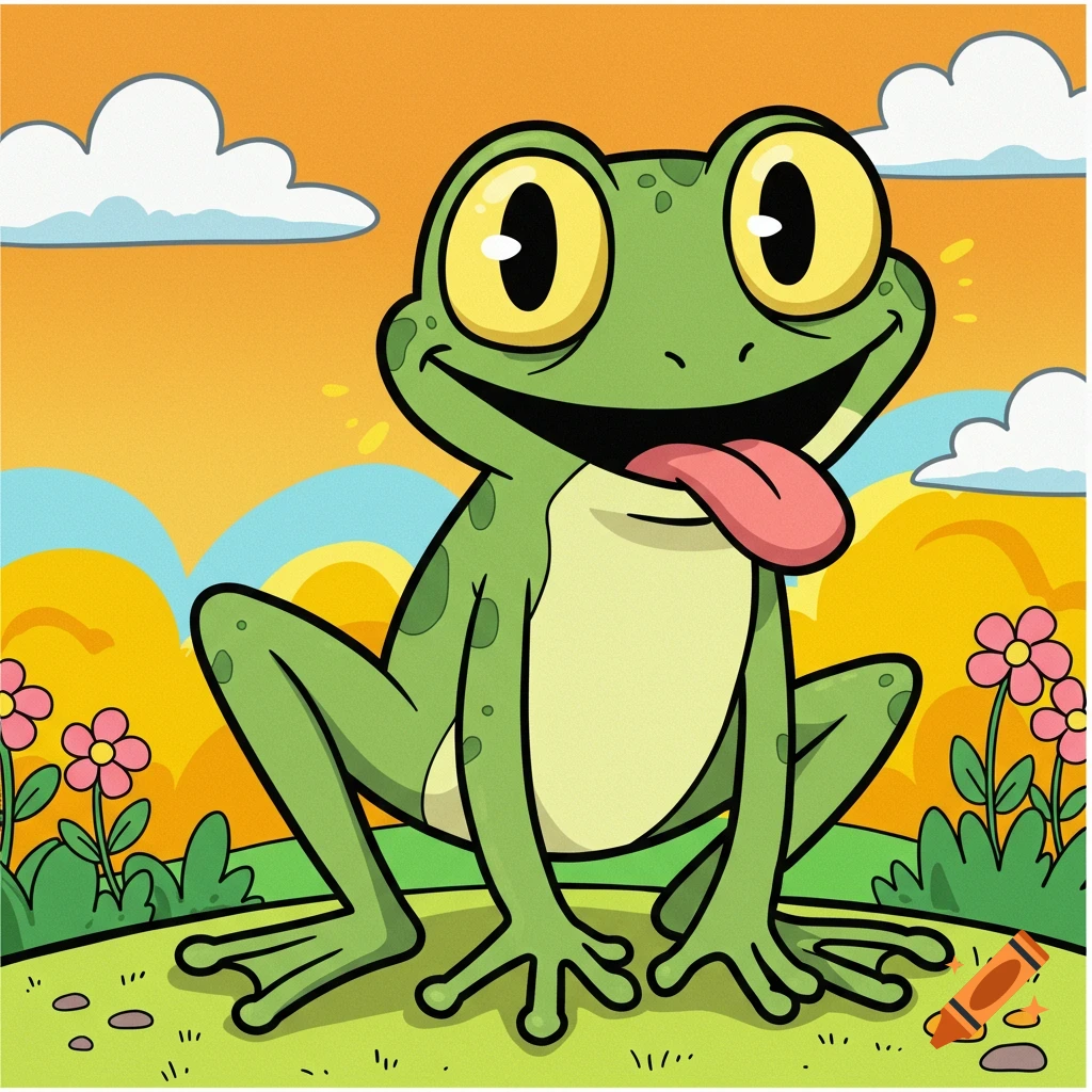 A cartoon illustration of a green frog with big eyes sticking its tongue out, sitting in a sunny field with flowers and clouds.
