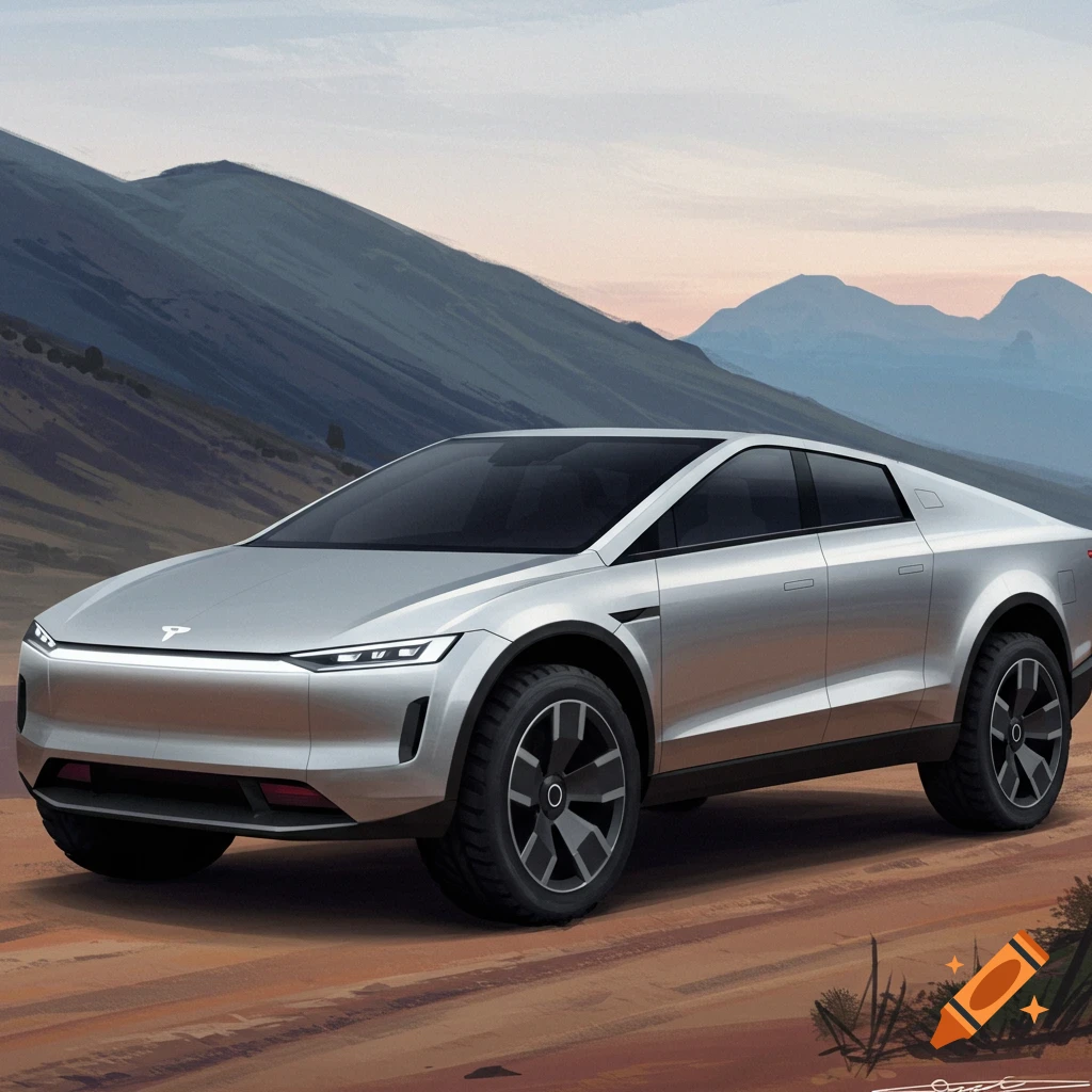 A silver futuristic car concept drives through a desert landscape.