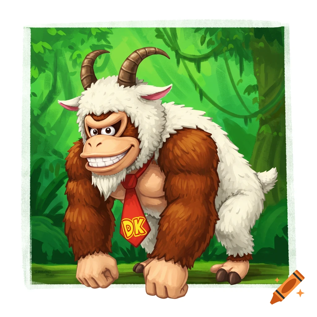 Donkey Kong in a white goat costume and red DK tie standing in a jungle.