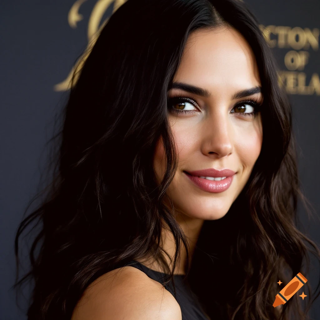Close-up photorealistic portrait of a woman with dark wavy hair smiling against a dark background.