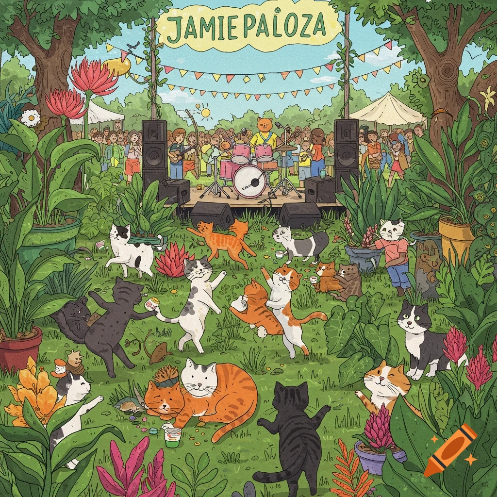 Illustration of cats attending a music festival with plants in the foreground.