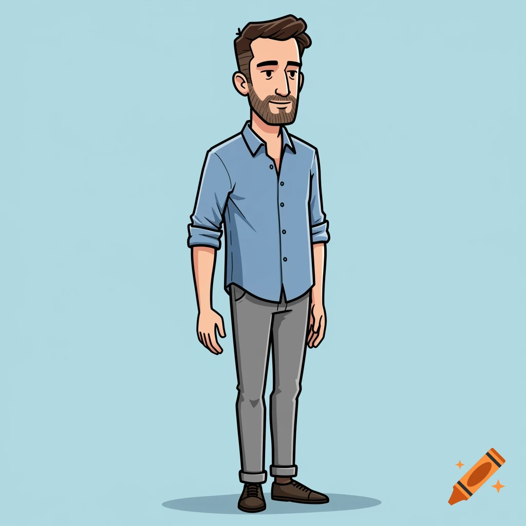 Illustration of a man with a beard wearing a blue shirt and grey pants.