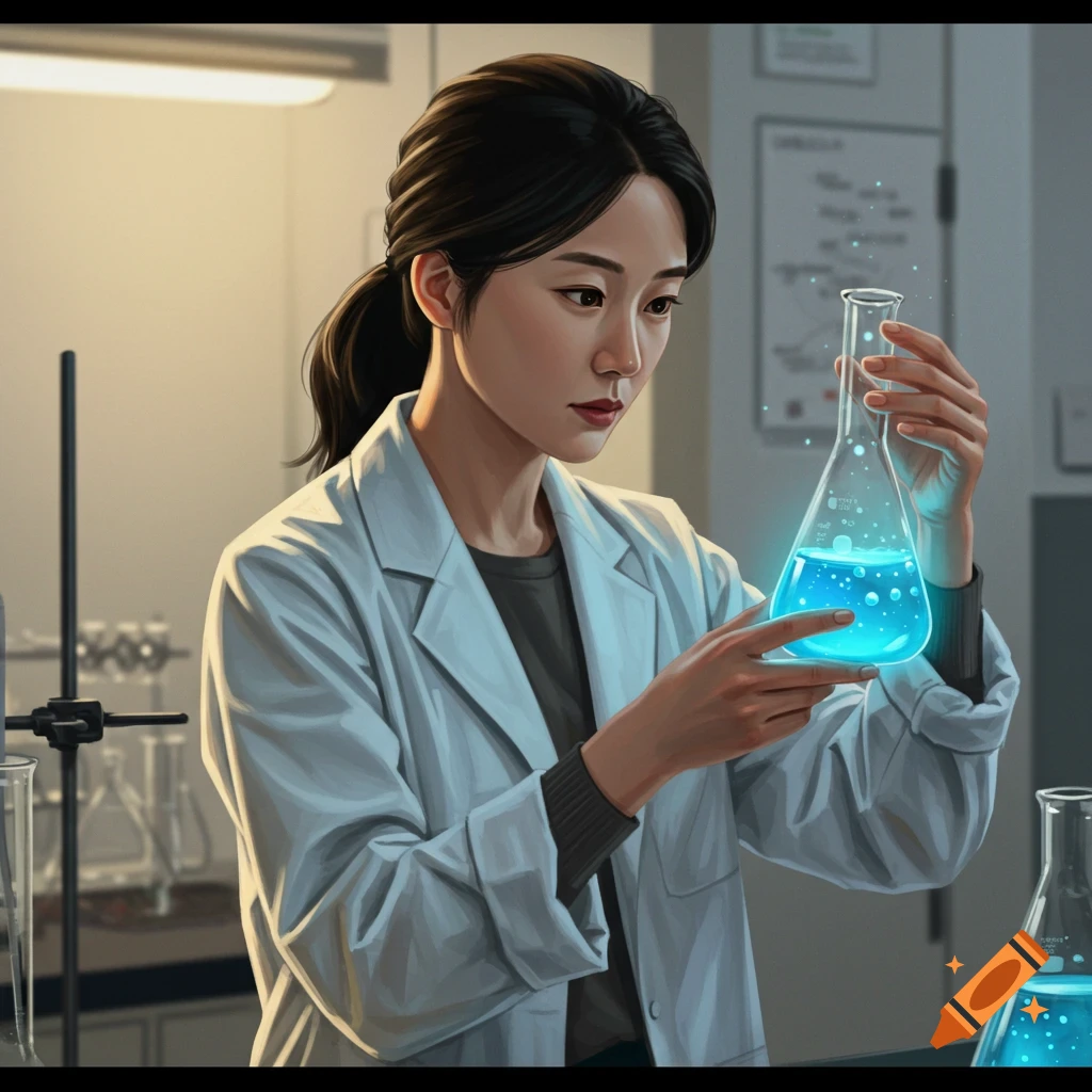 A scientist in a lab coat holding a glowing flask.