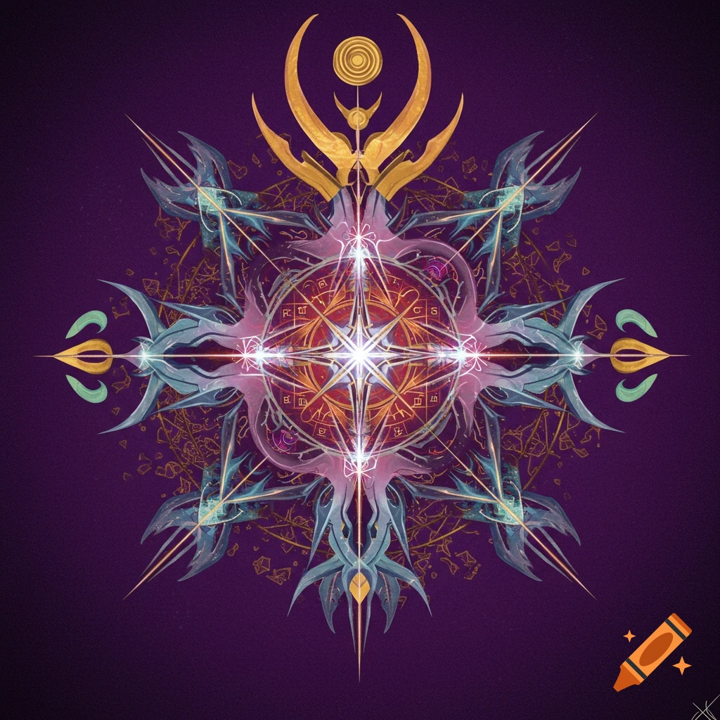 A complex, symmetrical abstract design resembling a sigil or occult symbol with gold, purple, and glowing elements on a dark background.
