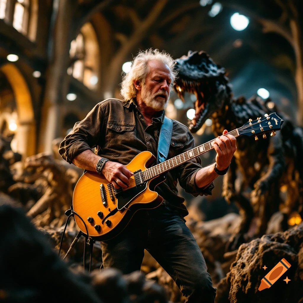 A man plays an electric guitar in a dinosaur museum with dinosaur skeletons in the background.