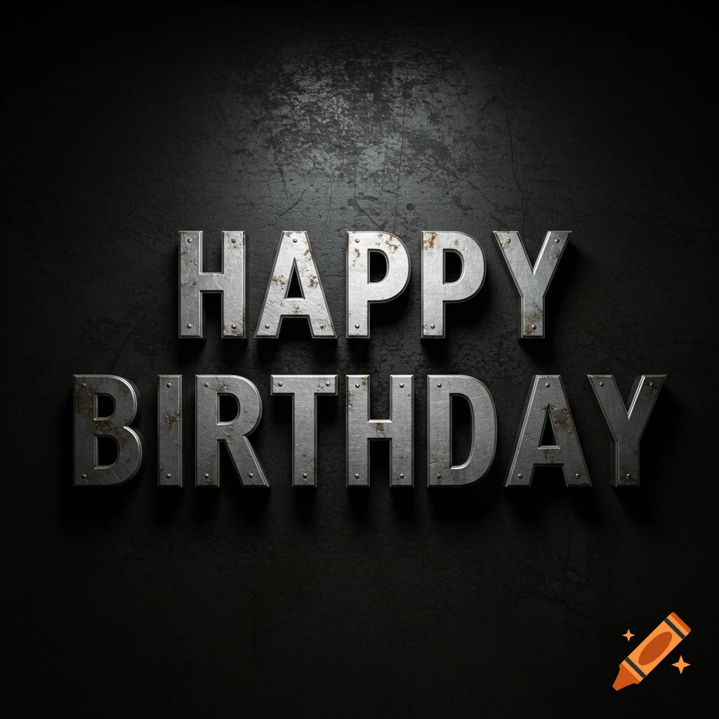 Metal text 'HAPPY BIRTHDAY' on a dark, textured background.