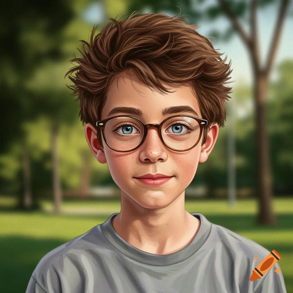 Portrait of a boy with glasses and blue eyes in a park.