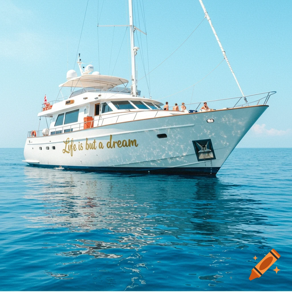 Photorealistic image of a white yacht with "Life is but a dream" written on its side, sailing on the blue sea.