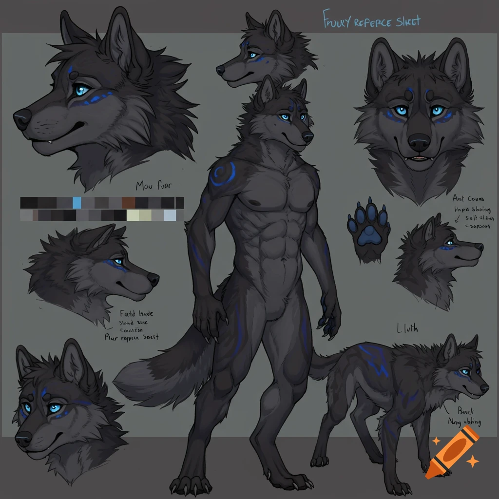 Reference sheet for a dark gray anthro wolf character with blue markings and eyes, showing multiple views and details.
