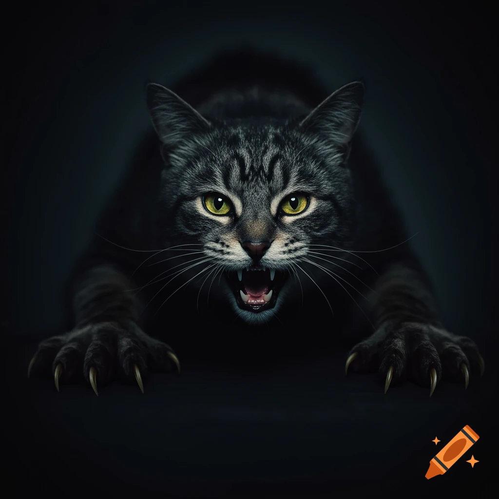 A scary tabby cat hissing with fangs and claws extended against a dark background.