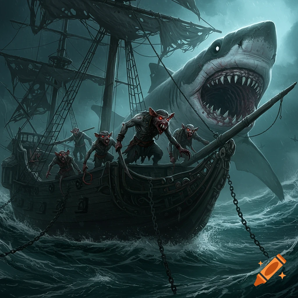 Vampire rat creatures on a spooky pirate ship in a stormy sea with a giant shark looming over them.