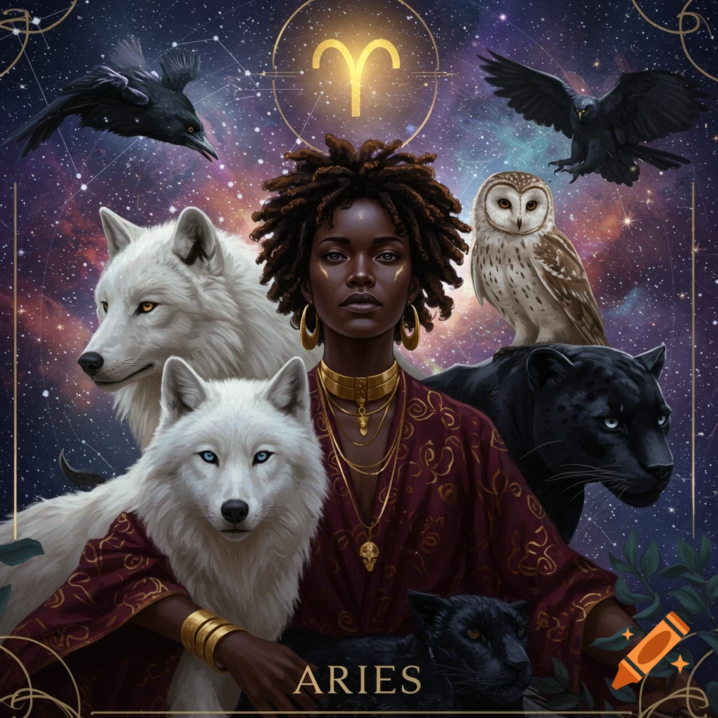 Astrological portrait of a woman with dreadlocks, surrounded by fantasy animals and the Aries symbol against a starry sky.