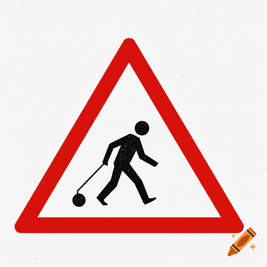 A black silhouette of a person dragging a ball attached by a stick inside a red triangle warning sign border, on a white background.