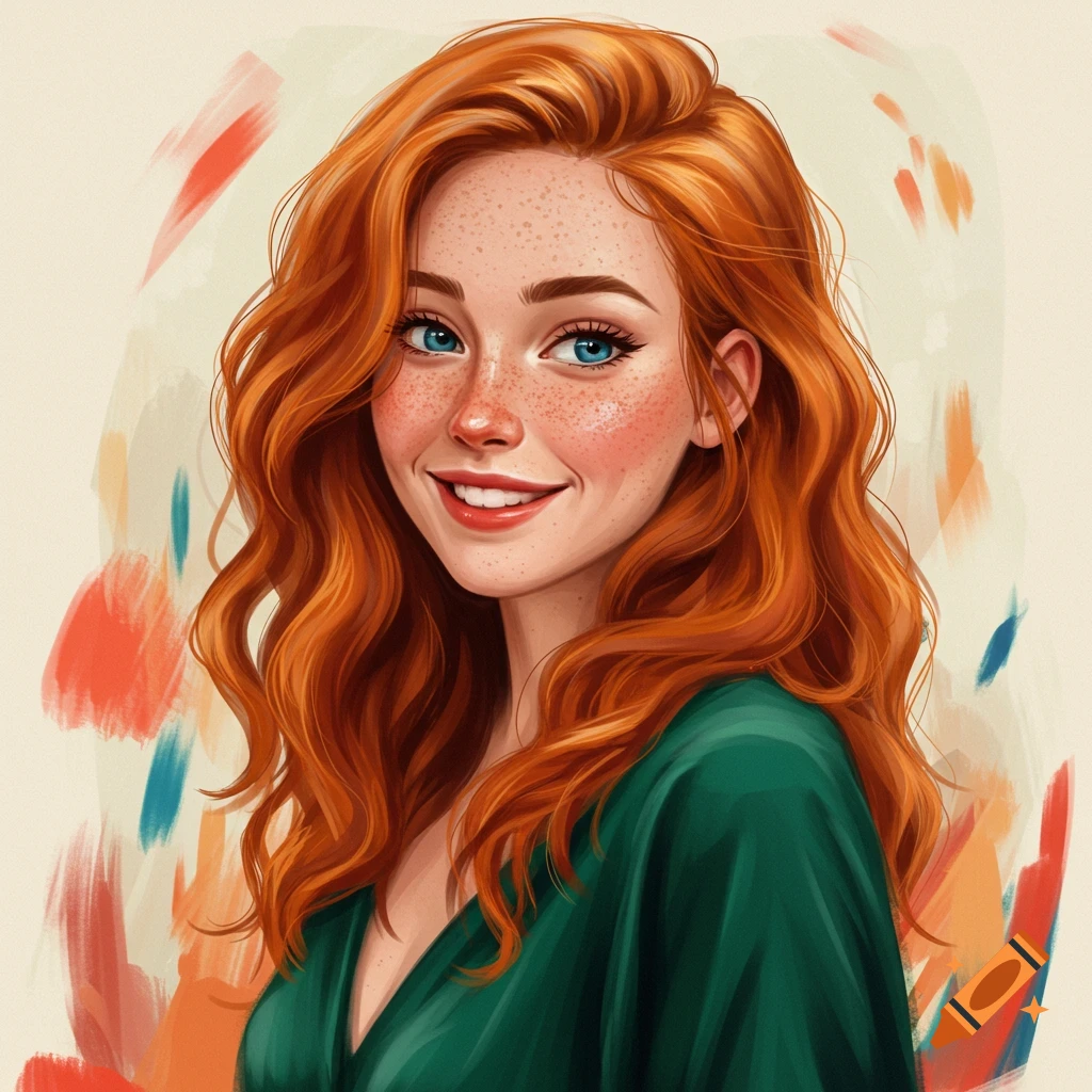 Portrait of a smiling woman with long red hair and freckles.