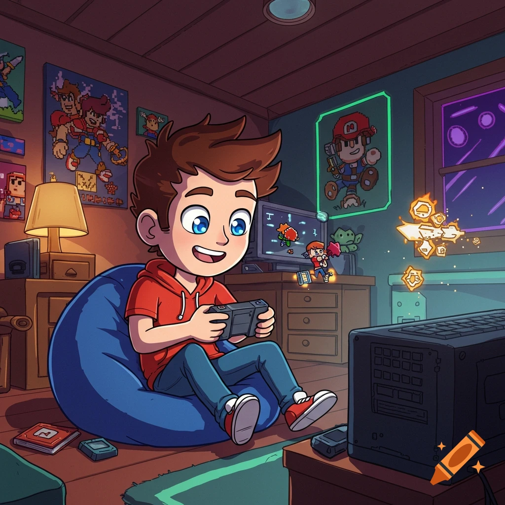 Cartoon illustration of a boy sitting on a beanbag chair playing a video game in his room with gaming posters.