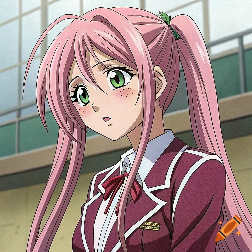 Anime girl with pink pigtails in school uniform looking embarrassed.