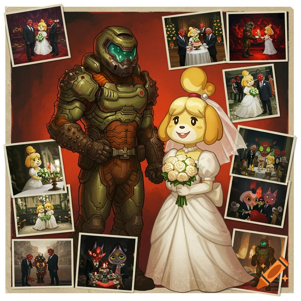 Doom Slayer and Isabelle in wedding attire with surrounding wedding photos.