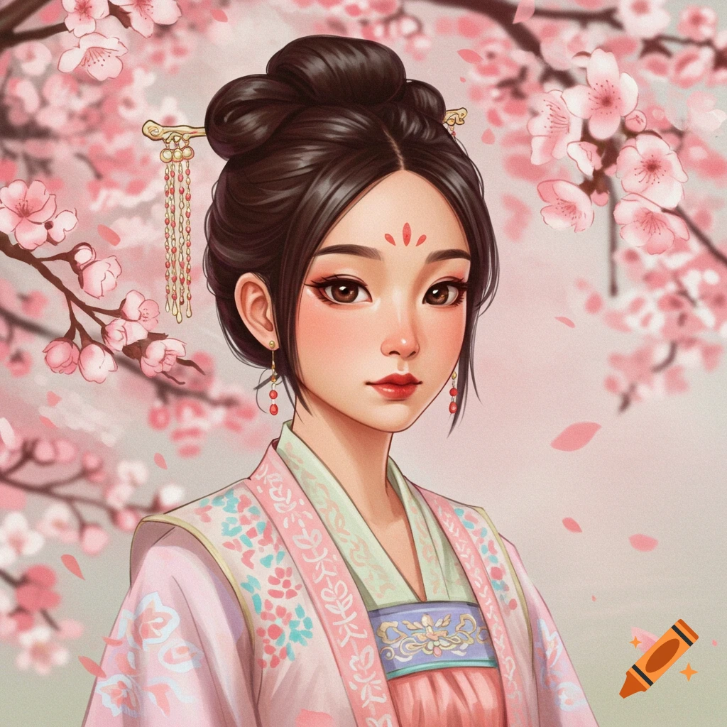 An Asian girl in traditional clothing with cherry blossoms
