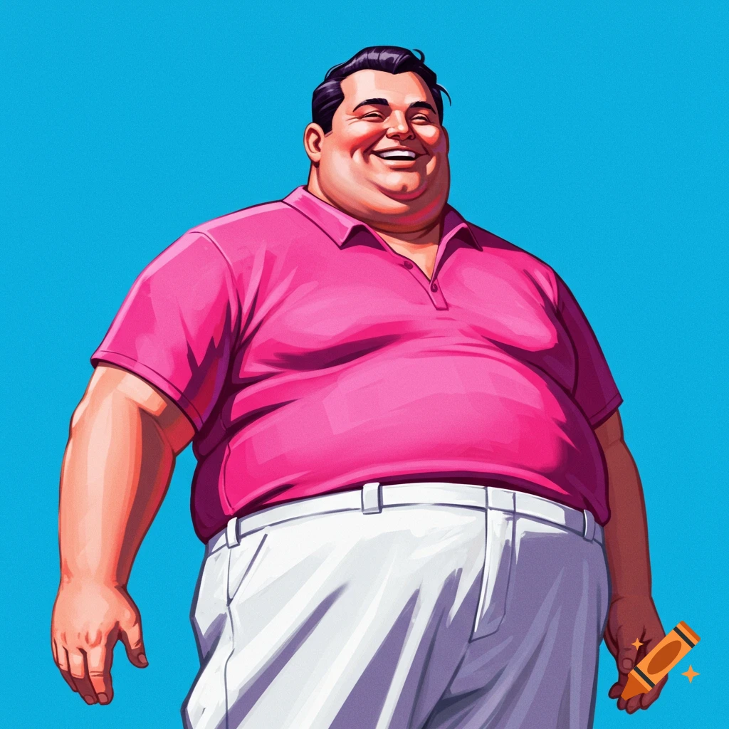 A cheerful stout man in a pink shirt and white pants against a blue background.