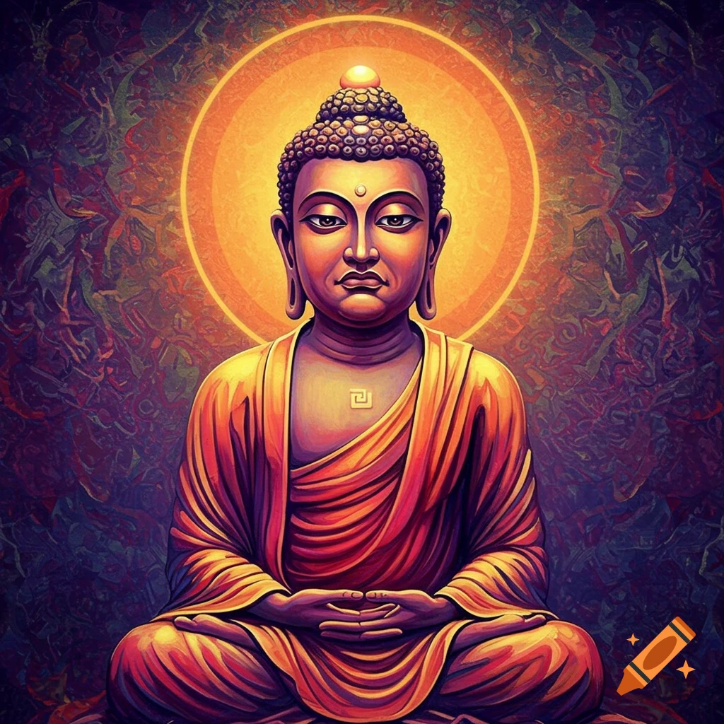 A colorful depiction of Buddha sitting in meditation posture with a bright golden halo against an intricate background.