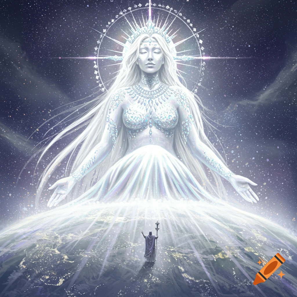 A towering goddess figure made of light and diamonds floats over Earth in space with a small figure below.