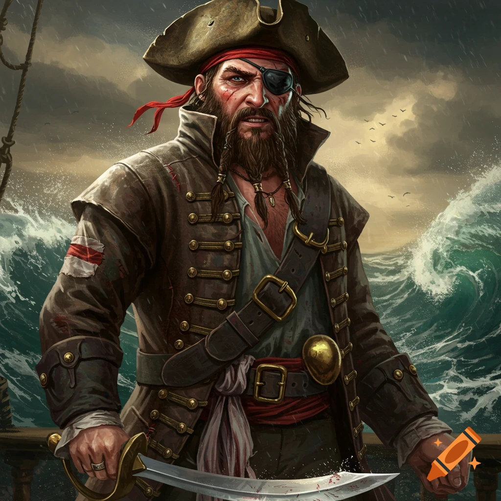 A stern pirate with an eye patch and sword stands on a ship in a storm.