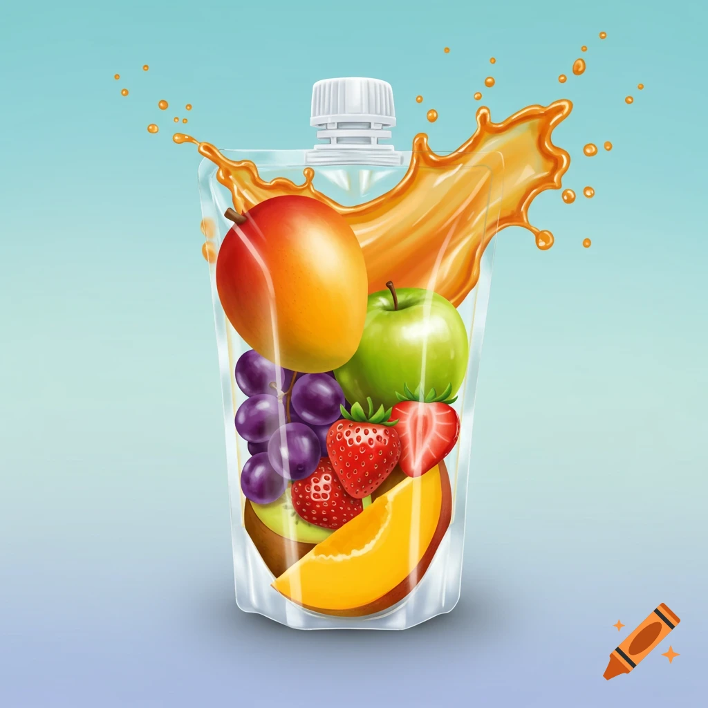 Digital illustration of various fruits inside a transparent juice pouch with splashing juice.