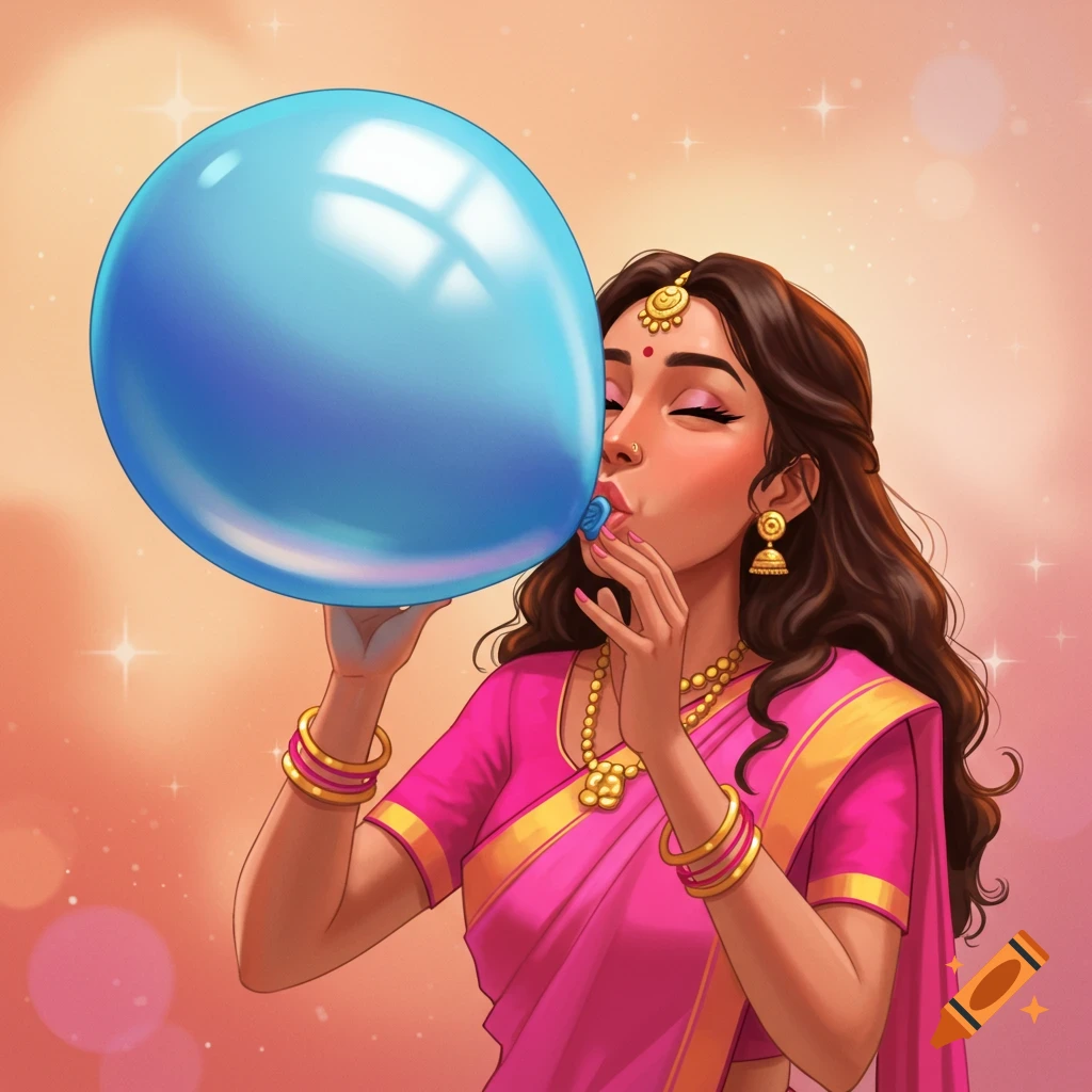 An Indian woman is blowing up a large blue balloon.