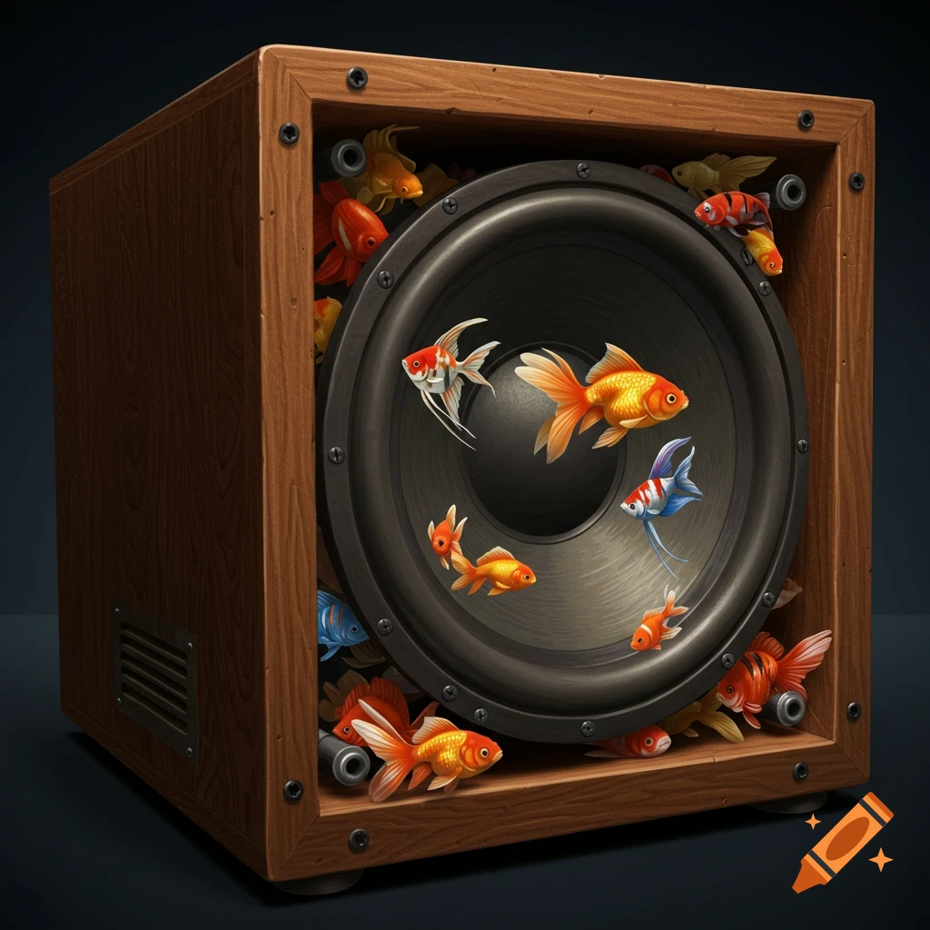 Colorful fish inside a subwoofer box, swimming around the speaker cone.