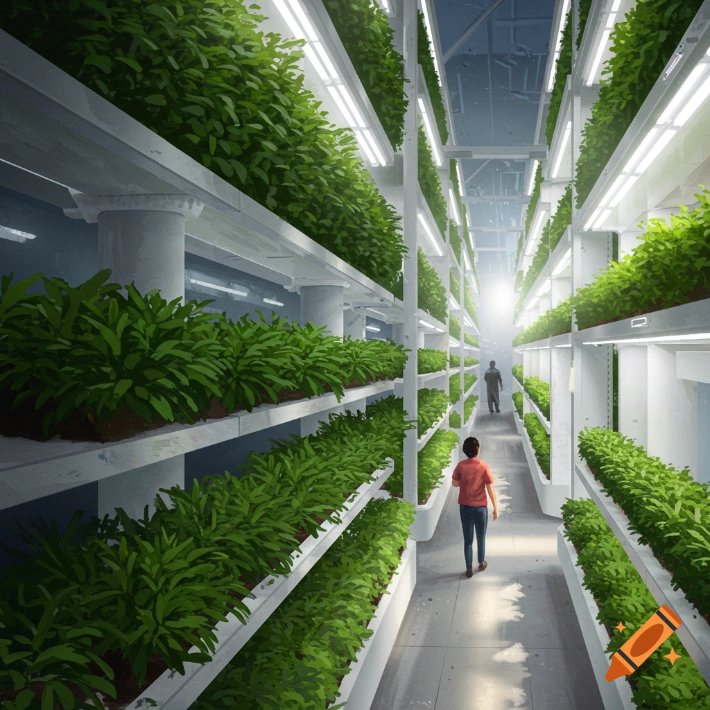 A futuristic vertical farm with rows of plants and two figures