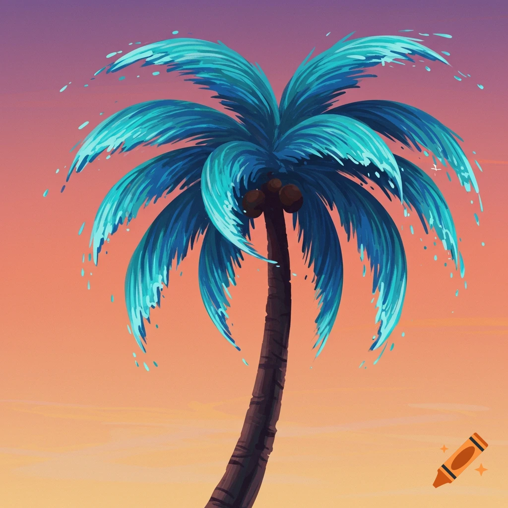 Palm tree with leaves shaped like blue waves against an orange and purple sky.