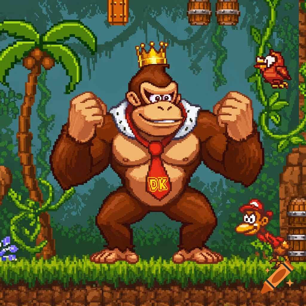 Pixel art of Donkey Kong wearing a crown and tie in a jungle scene.